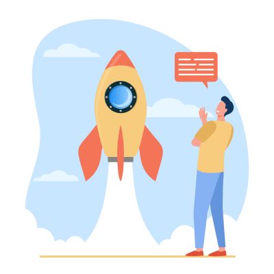 Happy man watching launch of rocket Happy man watching launch of rocket. Project, sky, engine flat vector illustration. Startup and exploration concept for banner, website design or landing web page